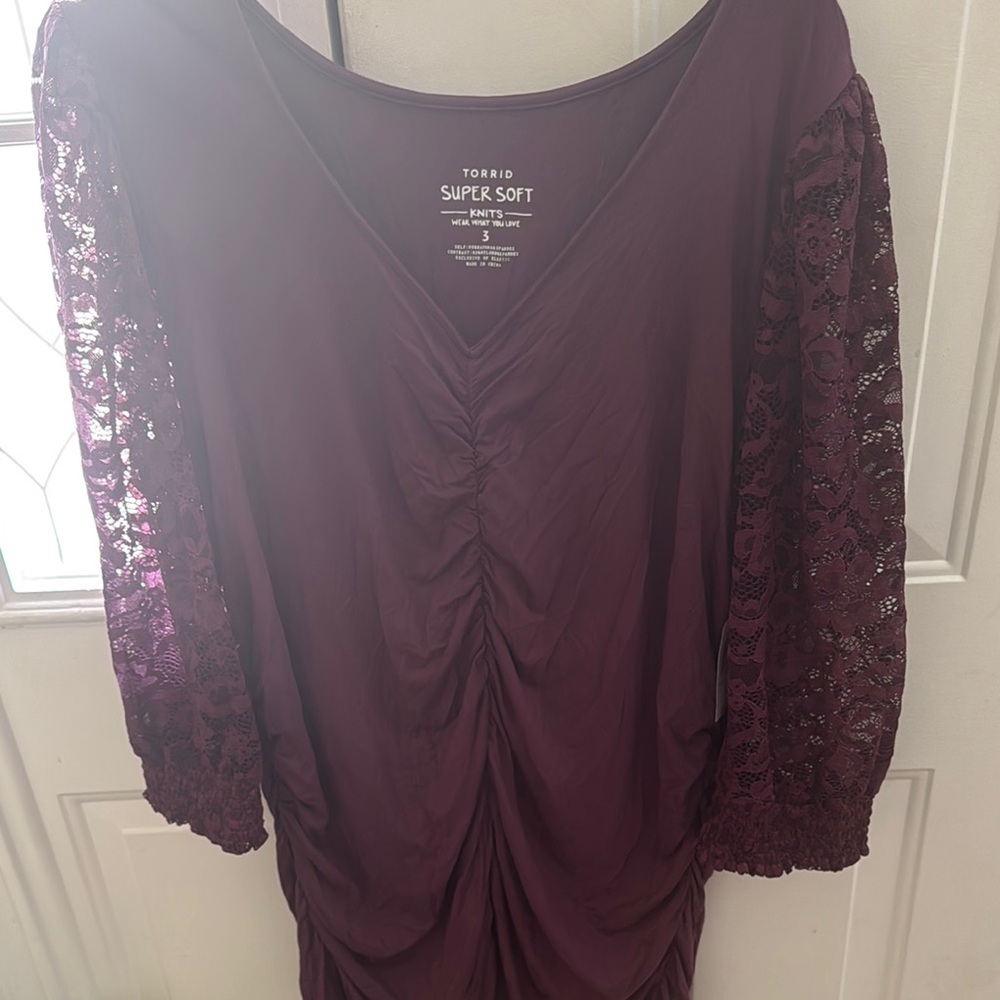 Torrid Deep Purple Ruched Dress with Lace Sleeves
